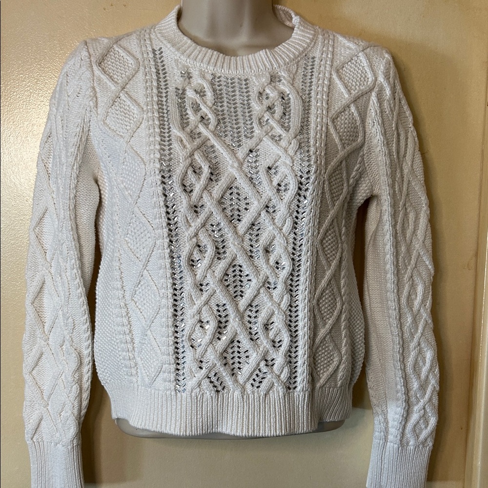 J. Crew Ivory Cable Knit Sweater with Beads size XS